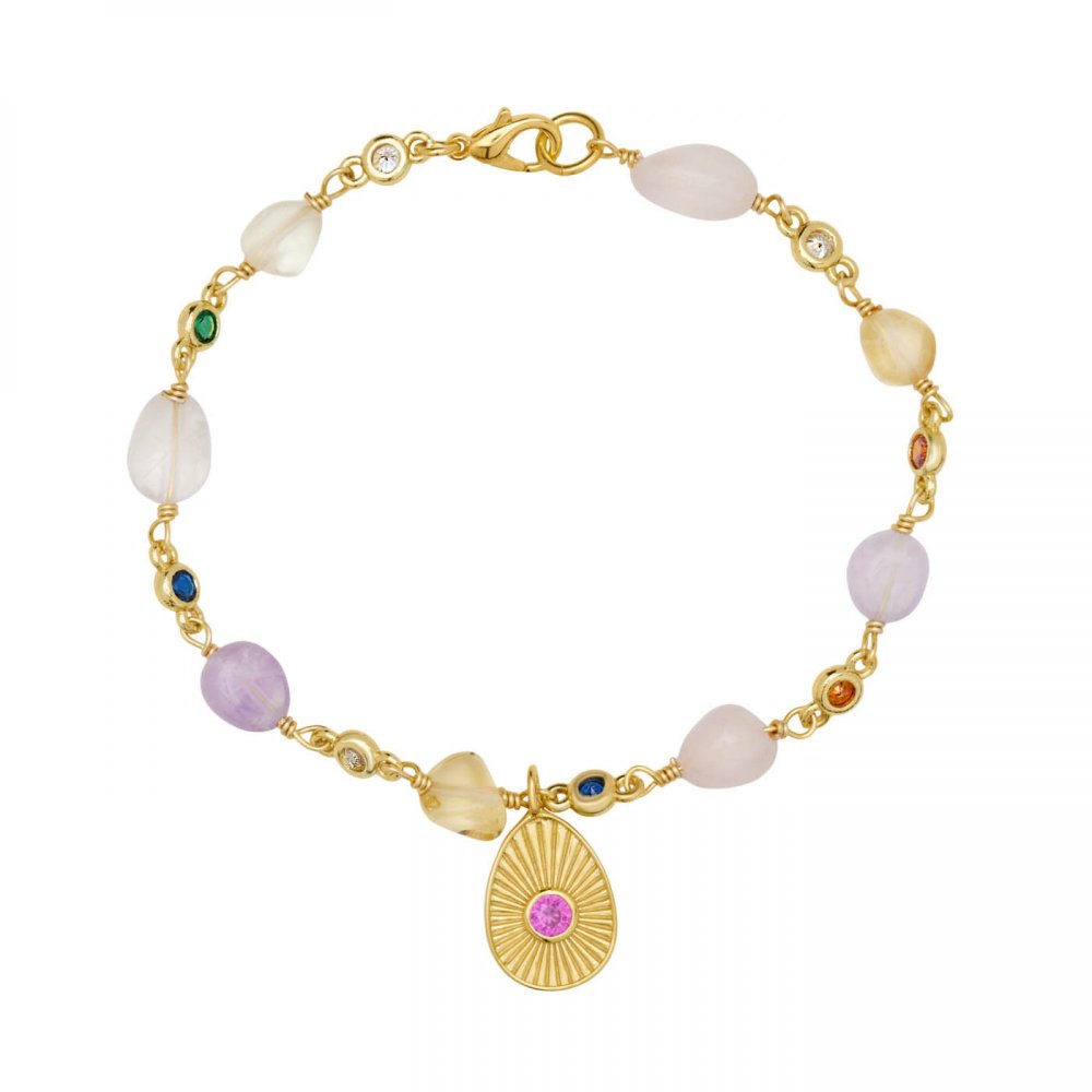 Gold-plated bracelet with purple zircon, rosary chain with semi-precious stones and colorful crystals