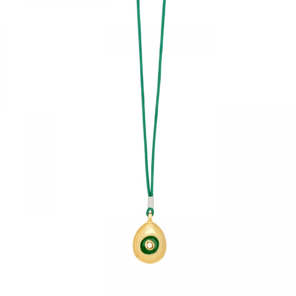 Gold-plated necklace with 3D eye motif, green and ivory enamel, green cord