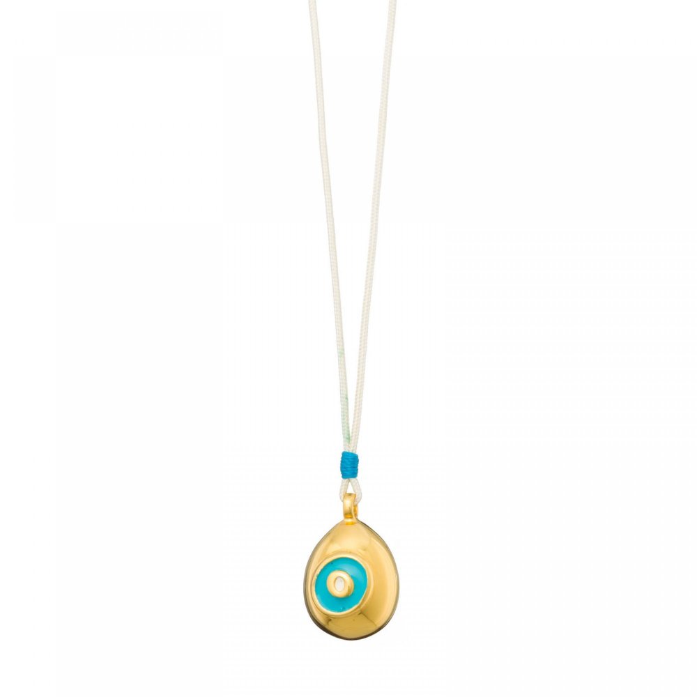 Gold-plated necklace with 3D eye motif, turquoise and ivory enamel, ivory cord