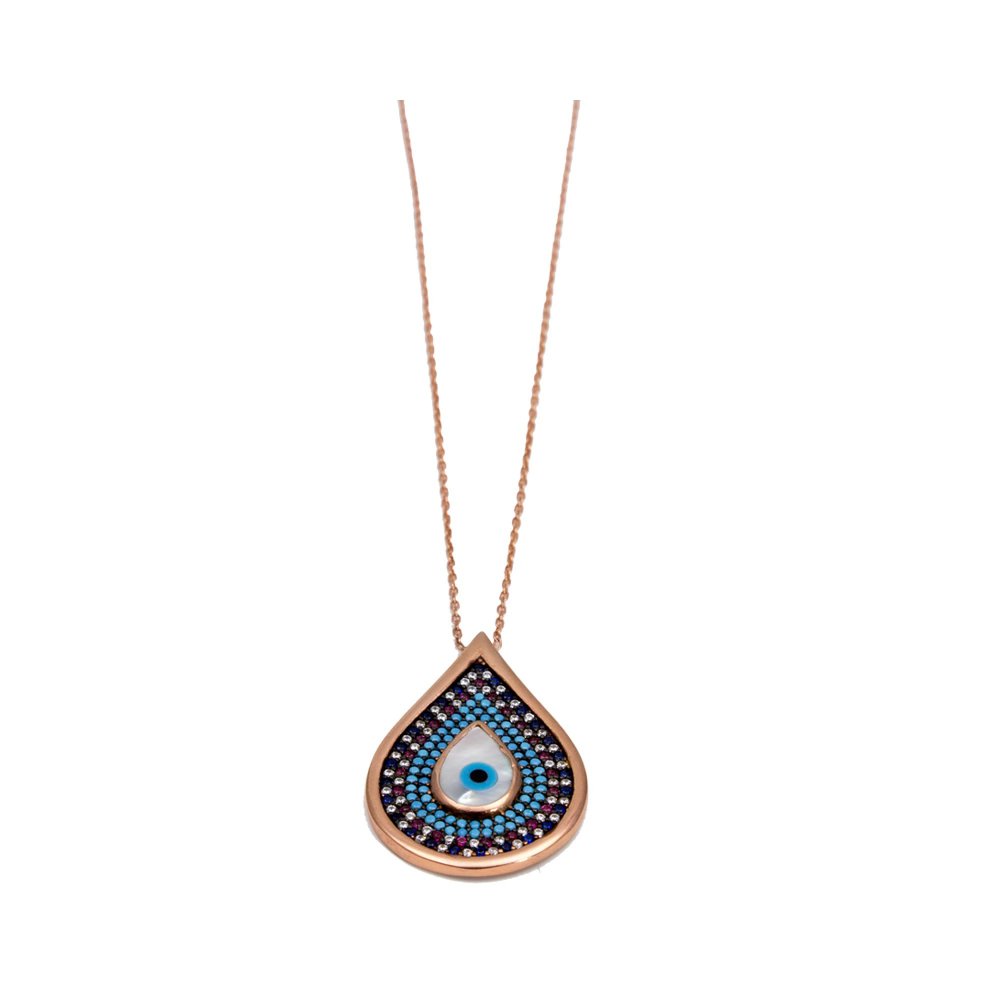 Silver eye necklace with blue, red, white and turquoise zircons and mother-of-pearl