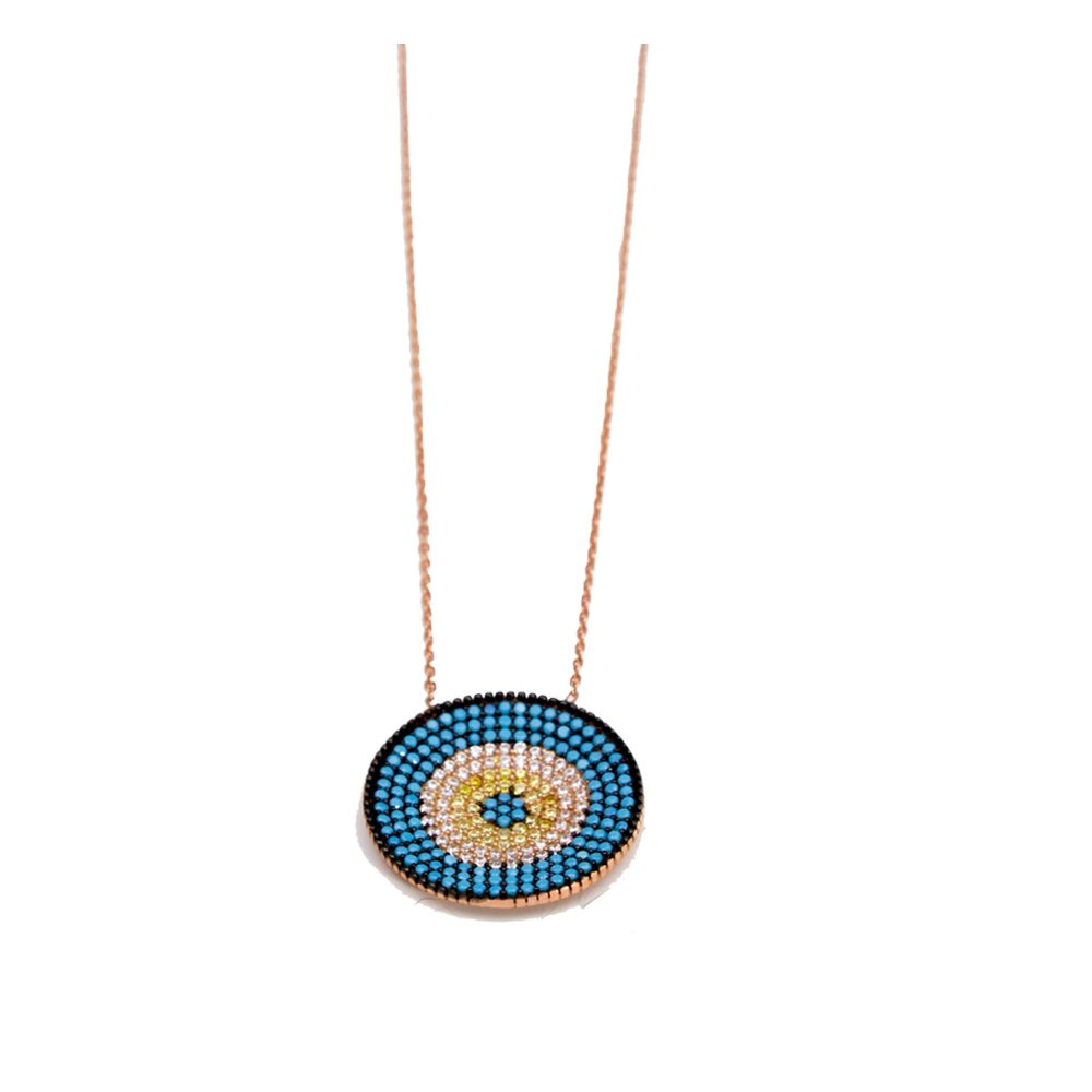 Silver eye necklace with black, yellow, white and turquoise zircons