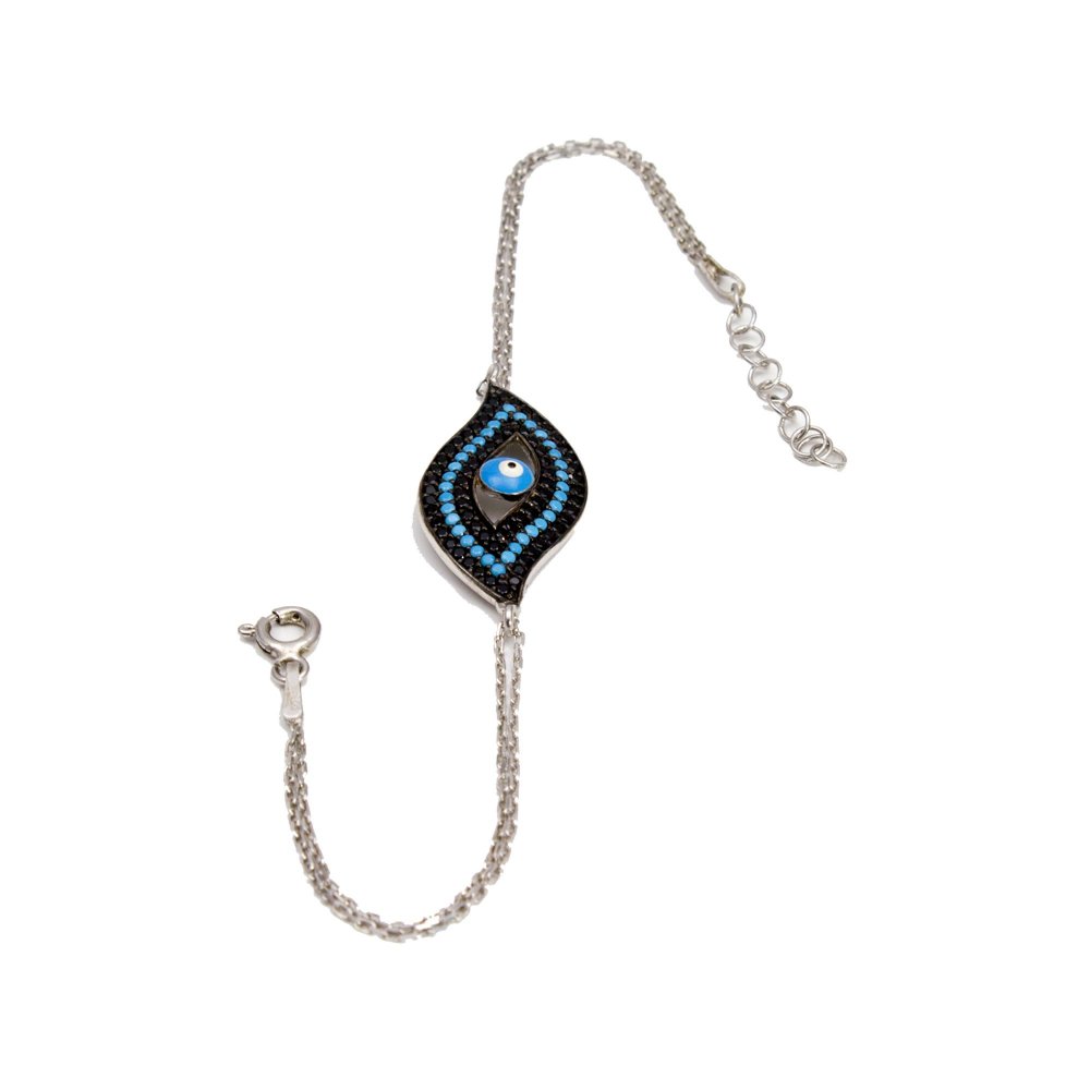 Silver eye bracelet with black and turquoise zircons