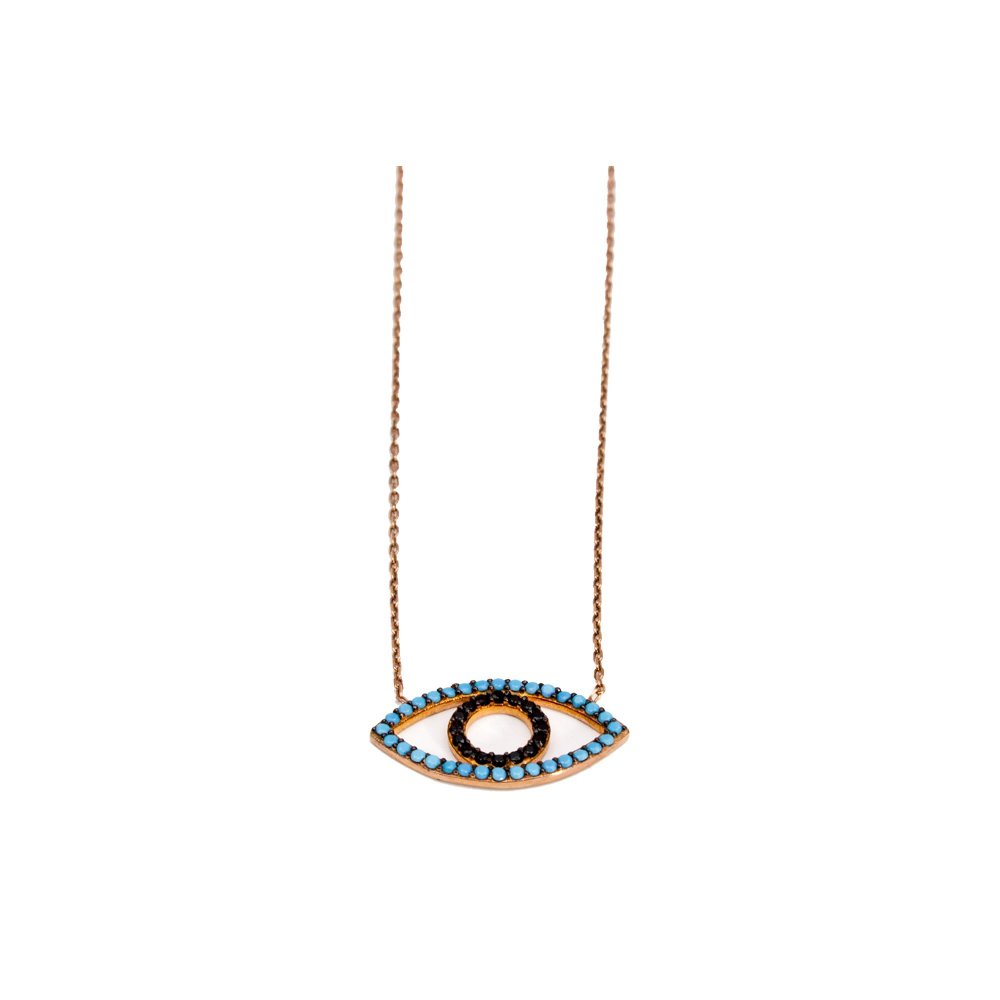 Silver eye necklace with black and turquoise zircons