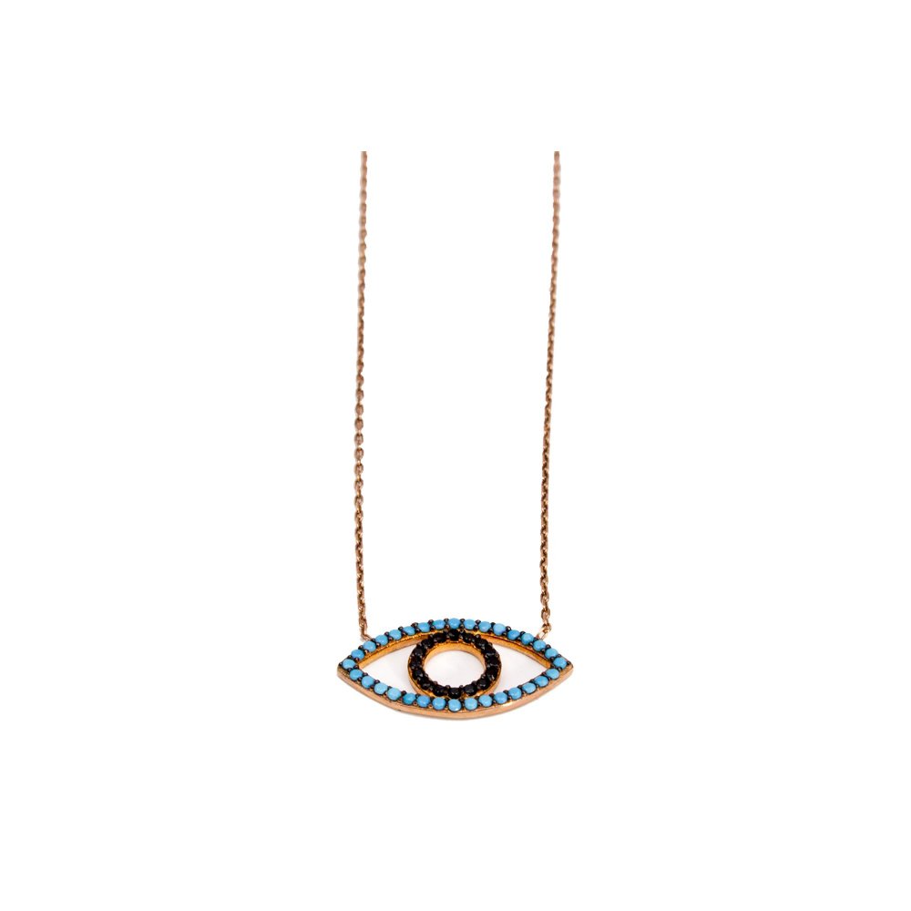 Silver eye necklace with black and turquoise zircons