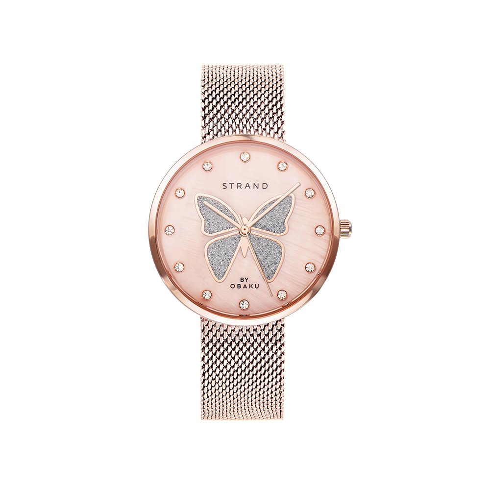 Strand by Obaku watch with rose gold bracelet and pink mother-of-pearl dial S700LXVVMV-DB