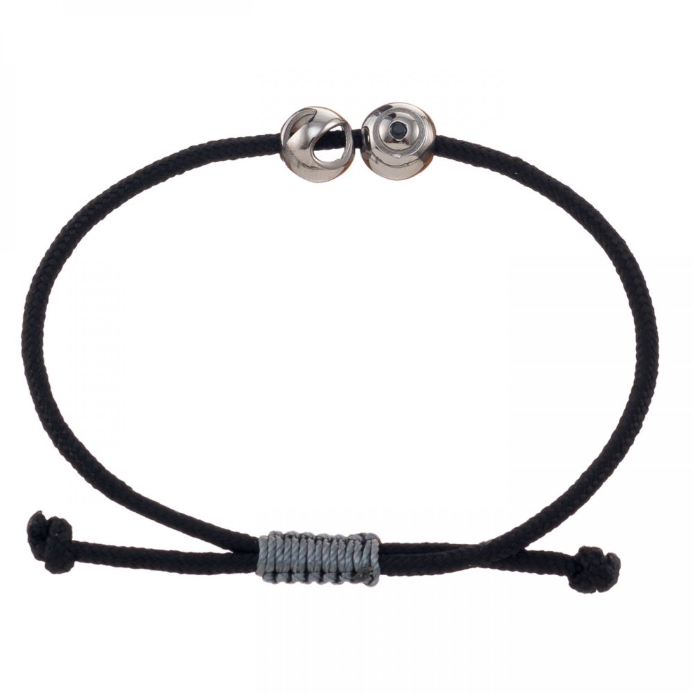 Silver bracelet spheres with black zircon and black cord