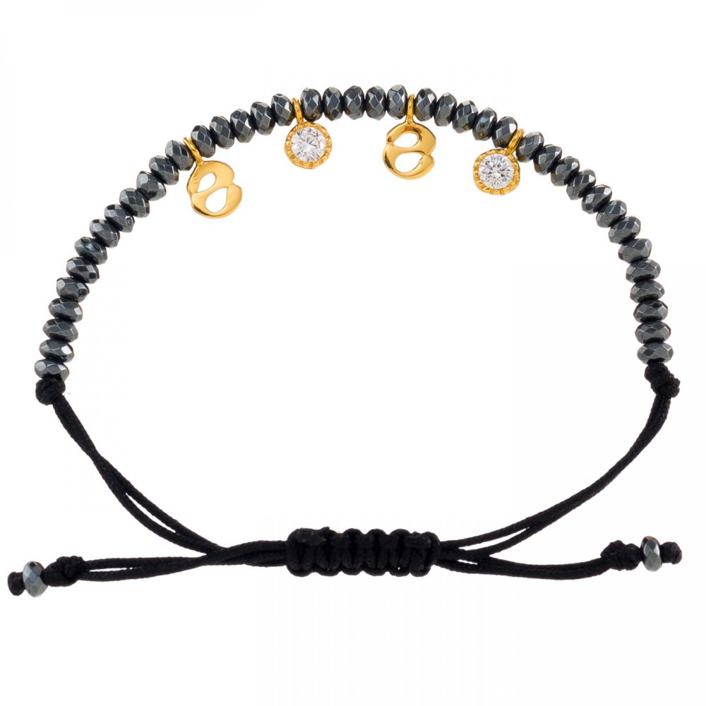 Silver bracelet "22" with gold-plated elements, white zircons, hematites and black cord