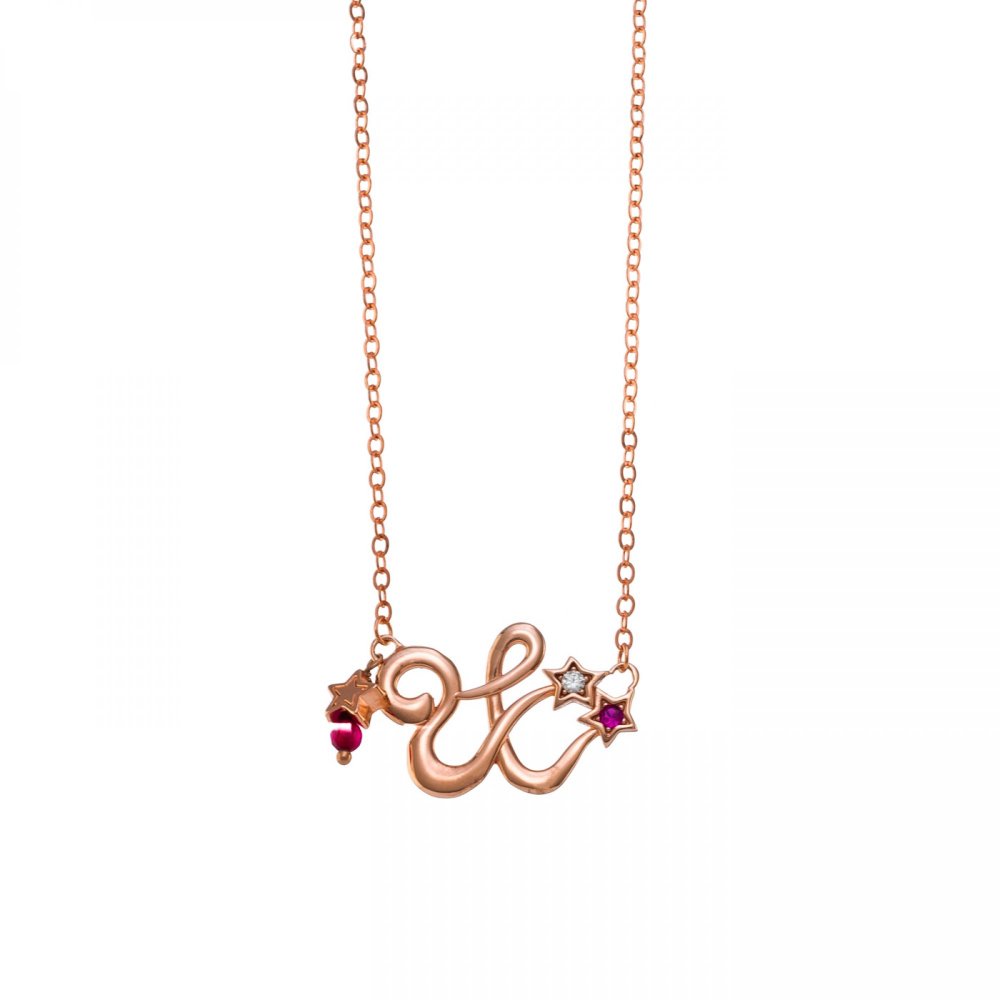 Shooting star necklace, with white & fuchsia zircon, rose gold-plated star and fuchsia agate