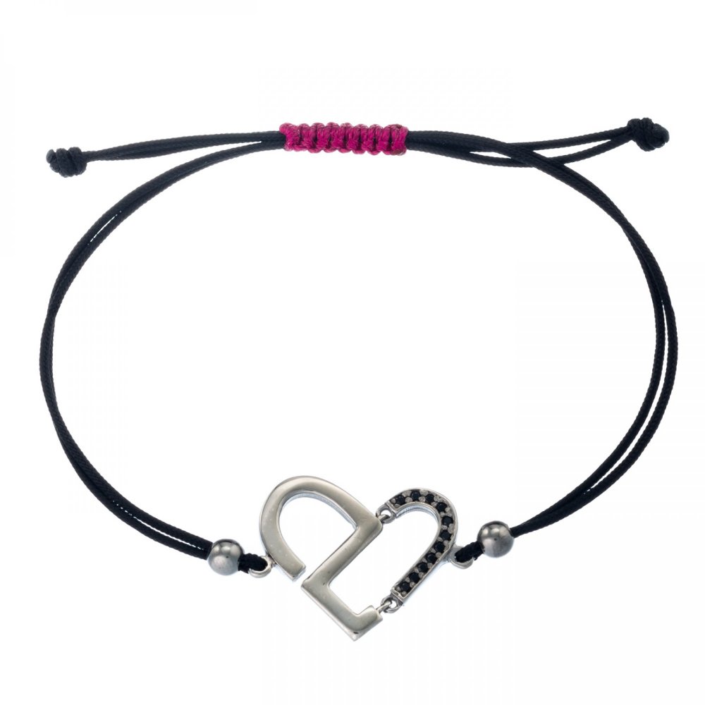Silver heart bracelet, black zircons and black double cord