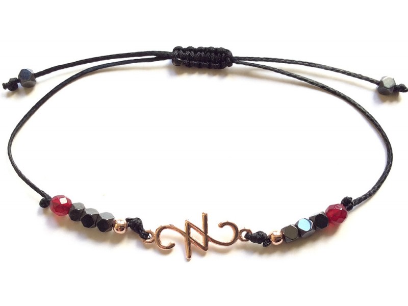2022 Silver Charm Bracelet, Rose Gold Plated, Black Cord with Hematite and Ruby