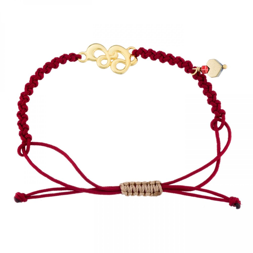 Silver bracelet "22", note, gold plated, burgundy cord with red hematite & hematite gold heart