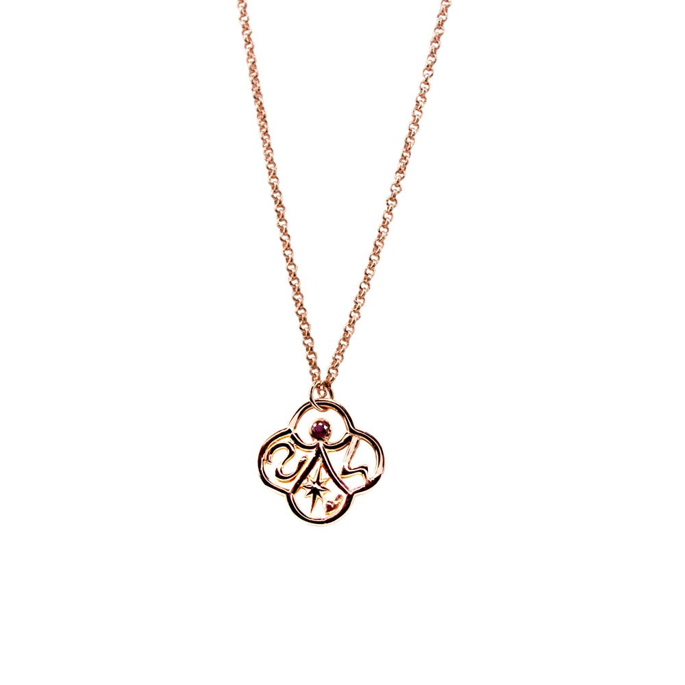 Brass necklace "Syn ston anthropo", small motif with red cz & chain