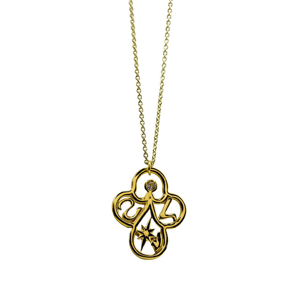 Brass necklace "Syn ston anthropo", large motif with white cz & chain