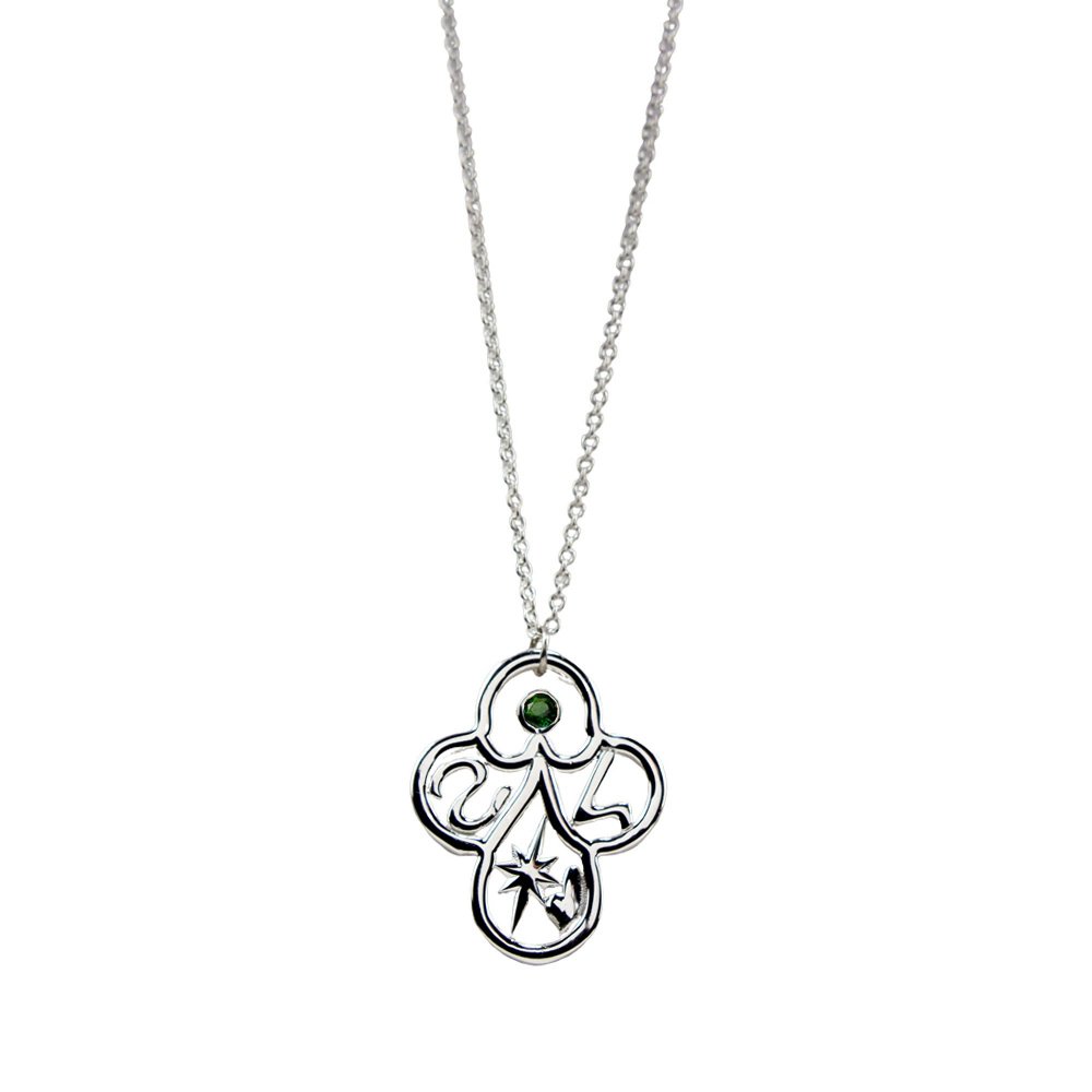 Brass necklace "Syn ston anthropo", large motif with green cz & chain