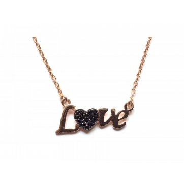 Heart Silver necklace, "Love" motif with heart and black zircons