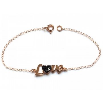 Heart Silver bracelet, "Love" motif with heart and black zircons