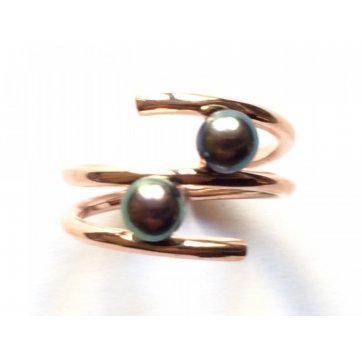 Geometry Silver ring with 2 black pearls 1.3 cm thick