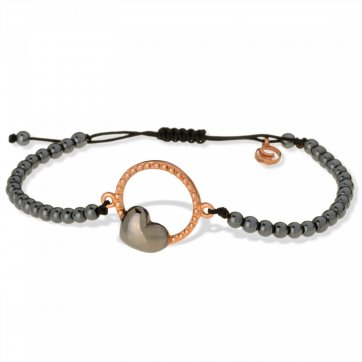 Heart Silver bracelet with rose gold, black platinum, heart motif and hematite