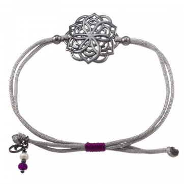 Harmony Silver mandala flower bracelet, agate & pearl, hematite and gray cord