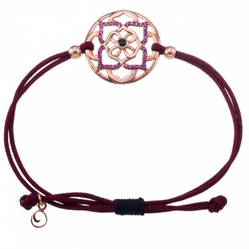 Harmony Silver mandala flower bracelet, fuchsia and black zircon and burgundy cord