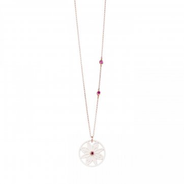 Harmony Silver mandala flower necklace, white onyx & fuchsia zircon and chain with fuchsia zircon