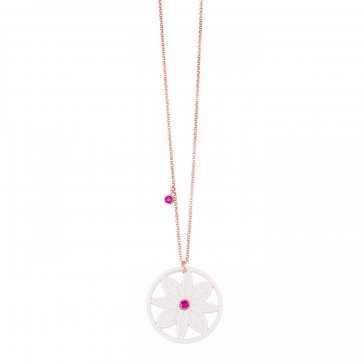 Harmony Mandala flower necklace, white onyx & fuchsia zircon and chain with fuchsia zircon