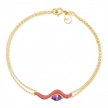 Waves Silver wave bracelet with coral enamel and purple zircon, double silver gold-plated chain