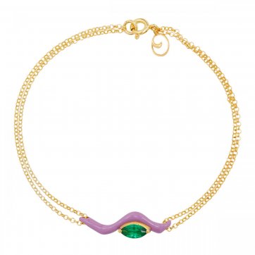 Waves Silver wave bracelet with purple enamel and green zircon, double silver gold-plated chain