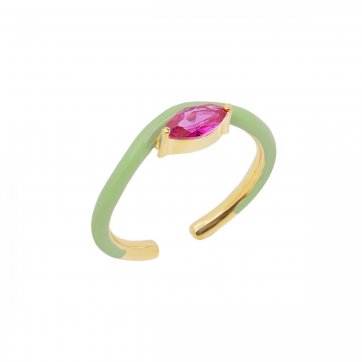 Waves Single wave silver ring with verman enamel and fuchsia zircon