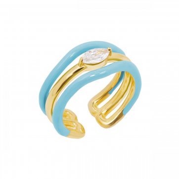 Waves Ασημένιο δαχτυλίδι τριπλό κύμα με γαλάζιο σμάλτο και λευκό ζιργκόν