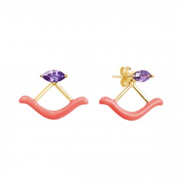 Waves Silver jacket wave earrings with coral enamel and purple zircon