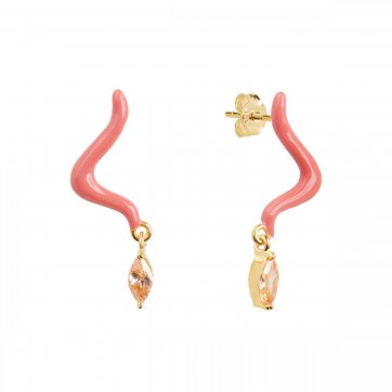 Waves Silver wave earrings with coral enamel and champagne zircon dangles