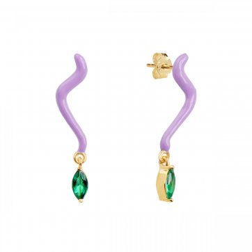 Waves Silver wave earrings with purple enamel and dangling green zircon