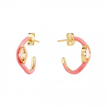 Waves Sterling Silver Wave Hoop Earrings with Coral Enamel and Champagne Zircon