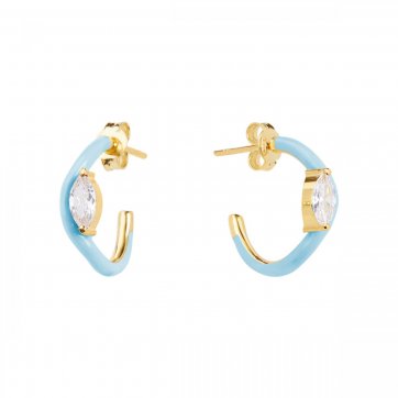 Waves Silver wave hoop earrings with blue enamel and white zircon