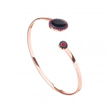 Omikron Silver bracelet with small and large round motif, black and fuchsia zircons and black and fuchsia enamel