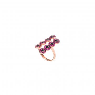 Omikron Silver ring with round motifs, fuchsia zircon and black enamel