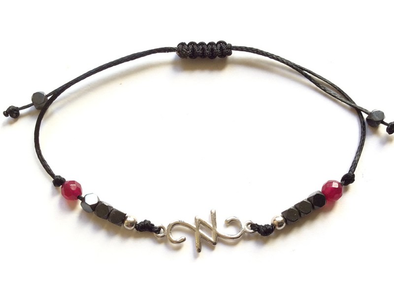 Save The Year 22 2022 Silver Charm Bracelet, Polished, Black Cord with Hematite and Ruby